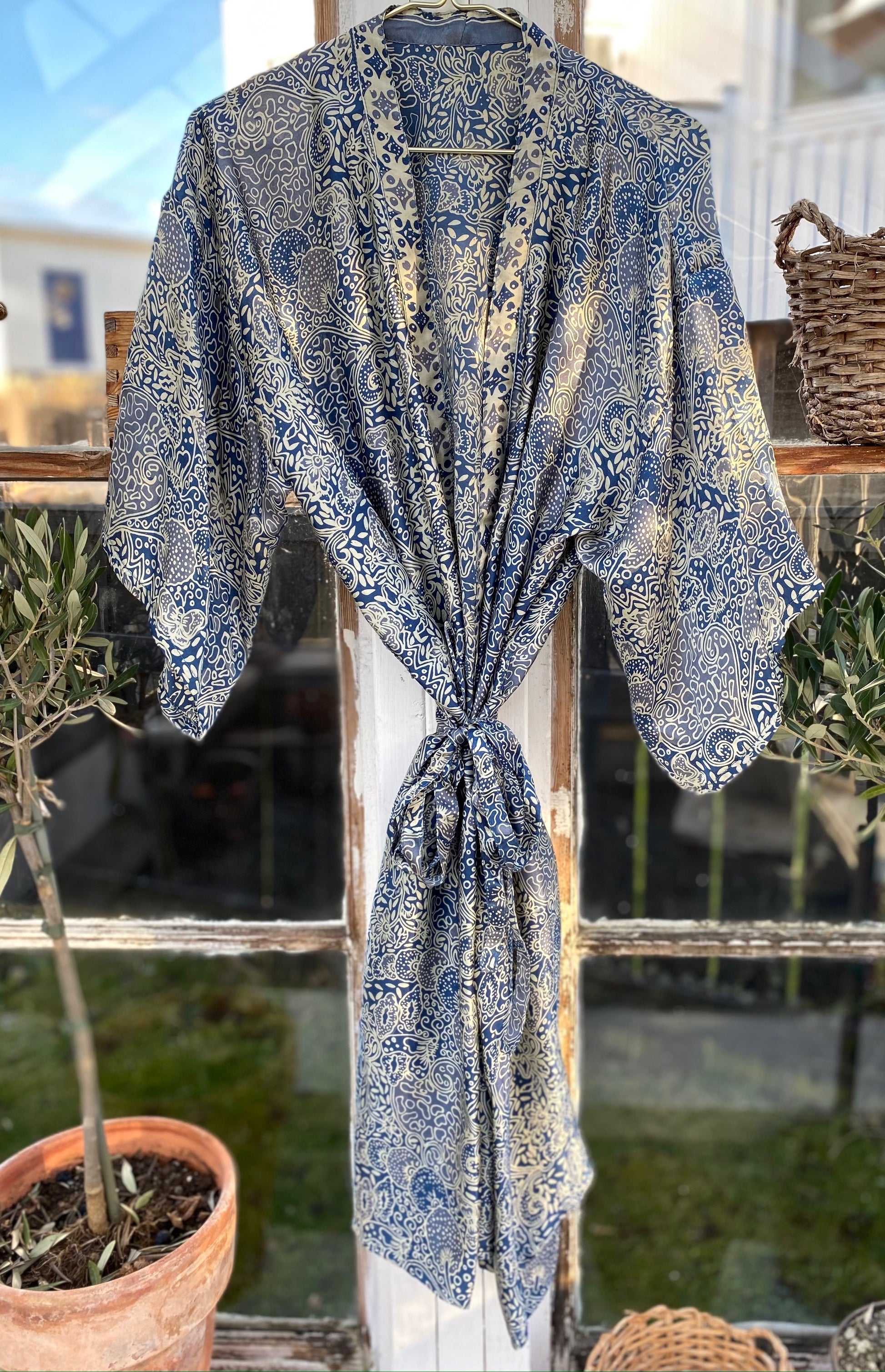 Grey and Blue Silk Robe Kimono